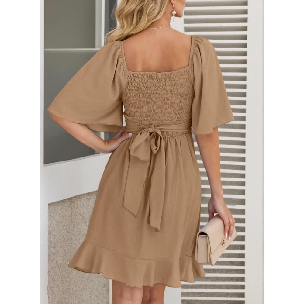 NWT Dokotoo Tan Beige V Wrap Tie Ruffle Flutter Sleeve Cocktail Mini Dress S - Picture 3 of 13